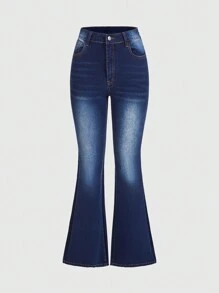 ROMWE Fairycore Damen Rhinestone Dekorierte Flare Jeans - Blau - Übersicht 2