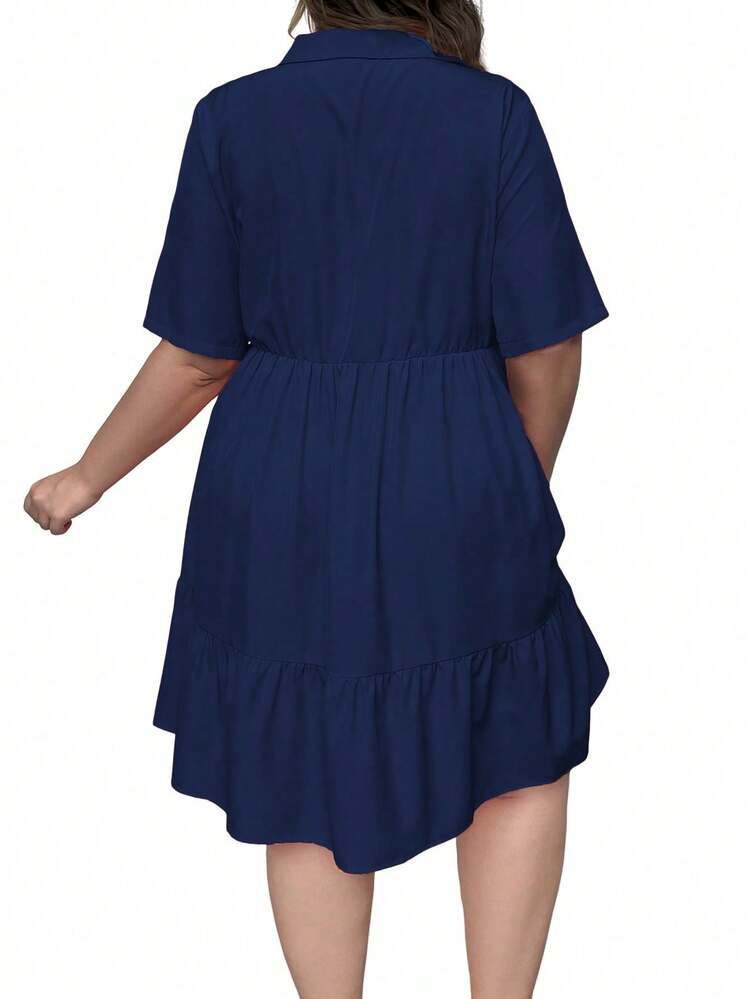 Plus Size Women's Summer Solid Color Ruffle Hem Shirt Style Short Sleeve Dress