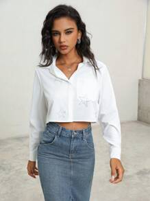 Anewsta Elegant & Casual Loose Fit Semi-Transparent Short Cut Women Shirt With Rhinestones - White - View 6