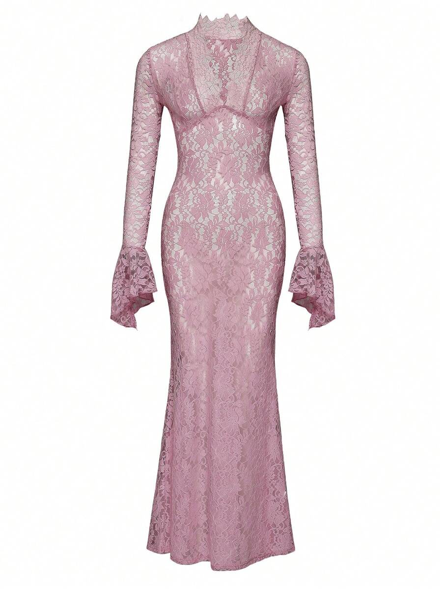 Valentine Flare Sleeve Lace Mermaid Hem Dress,Ladies' Gothic Sexy Halloween Clothing,Christmas Dress - Dusty Pink - View 1