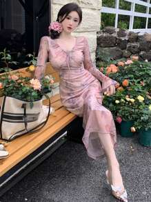 DAZY Đầm midi in hoa cổ buộc nơ phía trước phong cách ngày lễ mùa hè cho nữ Đầm dạ hội tay loe - Hồng - Xem 1