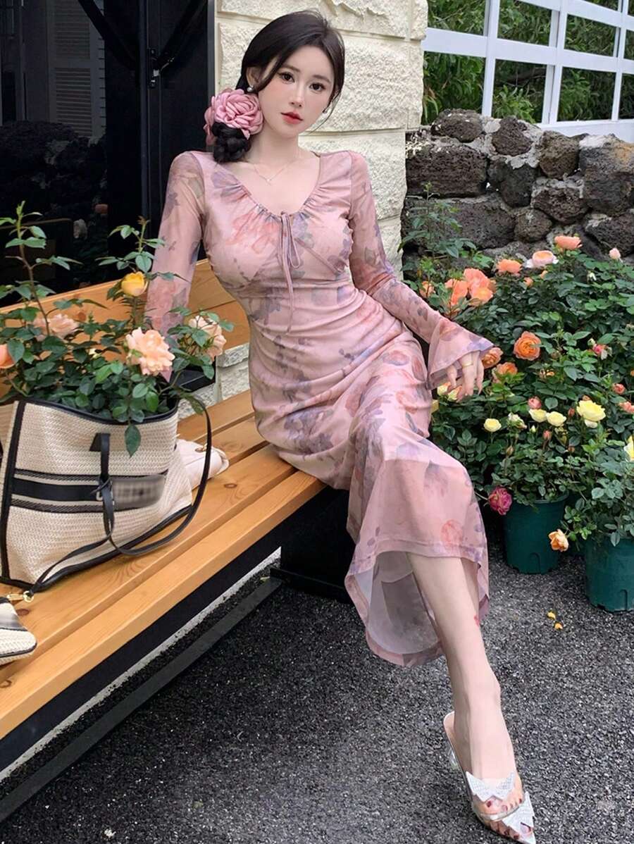 DAZY Đầm midi in hoa cổ buộc nơ phía trước phong cách ngày lễ mùa hè cho nữ Đầm dạ hội tay loe - Hồng - Xem 1