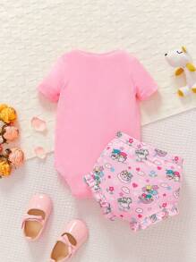HELLO KITTY AND FRIENDS | SHEIN 女婴可爱粉色连体衣和荷叶边短裤 - 彩色 - 查看 2