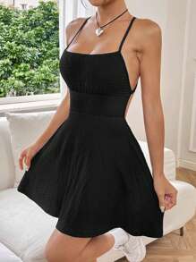 SHEIN EZwear 女性夏季細肩帶無背心領a字裙 - 黑色 - 查看 6