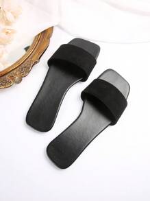 Women Single Band Open Toe Slide Sandals, Elegant Solid Outdoor Faux Suede Flat Sandals - Black - View 6