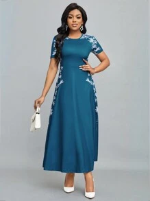 SHEIN Lady 女式波西米亞植物印花拼布連身裙 - 彩色 - 查看 4