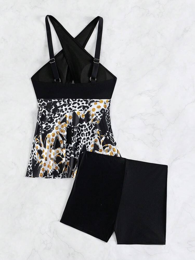 Summer Women's Coconut Tree & Leopard Print Cross Halter Neck Two-Piece Swimwear