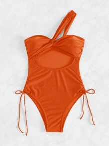 Swim SXY Màu thuần Xu hướng: Cắt giảm Áo tắm một mảnh Với dây rút Bên - trái cam - Xem 5