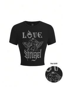 Waid26Art 女性圓領短版修身t恤,配有鑽石天使翅膀字母印花 - 黑色 - 查看 1