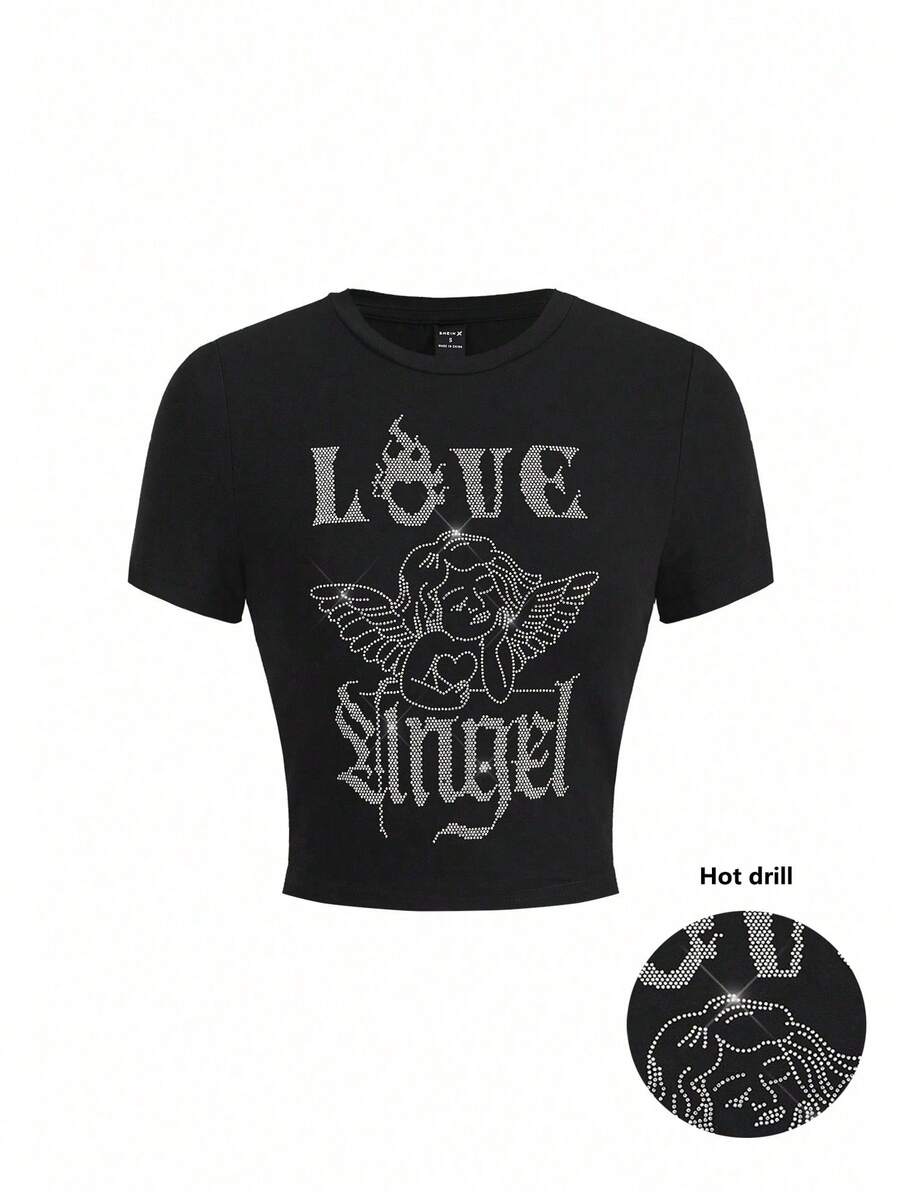 Waid26Art 女性圓領短版修身t恤,配有鑽石天使翅膀字母印花 - 黑色 - 查看 1