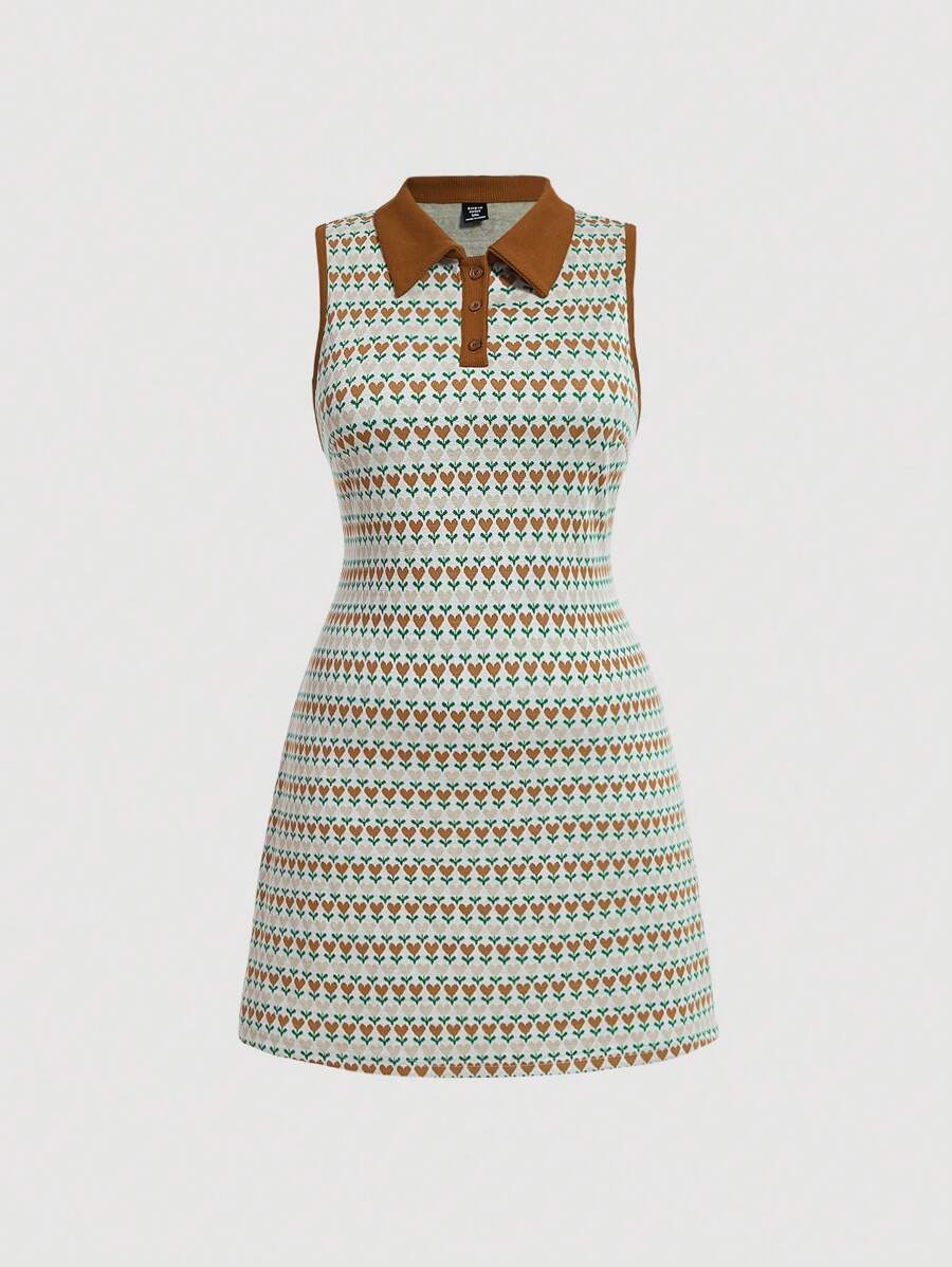 SHEIN MOD 加大碼無袖立領心形印花連衣裙，帶裙擺 - 彩色 - 查看 1