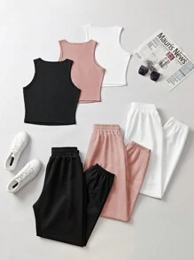 SHEIN Unity 夏季休閒圓領背心以及帶有翻蓋口袋的束口運動長褲 - 彩色 - 查看 2