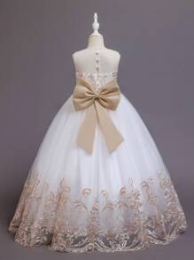 SHEIN Glamorique Kids 適合青少女穿著，華麗刺繡花卉蓬蓬軟紗公主裙，適用於假期、表演、婚禮、派對、生日、全年四季 - 香檳色 - 查看 2