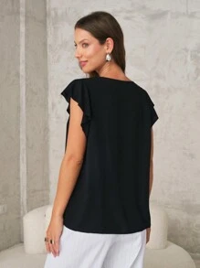 SHE(IN) BRASIL Solid Butterfly Sleeve V Neck Blouse - Black - View 4