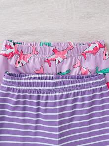 SHEIN Young Girl Pink Cute Shark Pattern Striped Short Sleeve & Shorts 4-Piece Snug Fit Pajama Set - Mauve Purple - View 3