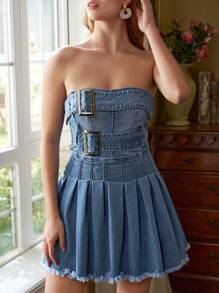 GABRIELLE NTI Designer Cowgirl Denim Pleated Double Belted Dress, Sundress For Summer, Holiday, Party Outfit, Birthday Outfits, Festival, Prom Dress - Medium Wash - View 3