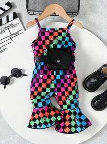 Baby Girl Y2k Streetwear Mosaic Print Spaghetti Strap Flare Jumpsuit With Waist Bag For Summer