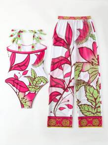 Swim Oasis Summer Beach & Pool Plant Printed One-Piece Swimsuit With Cover-Up Long Pants Set - Multicolor - View 4