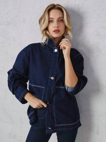 SHEIN Túi nghiêng Thả vai Áo khoác denim - Rửa tối - Xem 8