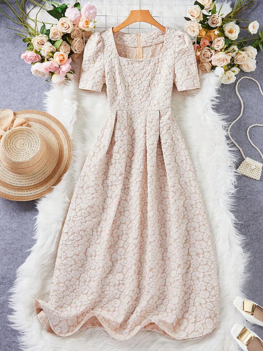 Breezaya 女式方領泡袖花卉a字裙 - 杏色 - 查看 1