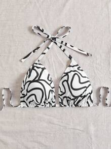 SHEIN Swim Curve Plus Size Summer Beach All Over Print Halter Strap Bikini Top - Black and White - View 3