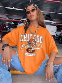 SHEIN Unity Lỏng lẻo phù hợp Tay áo ngắn Áo thun Với In thư Cho mùa hè - trái cam - Xem 1