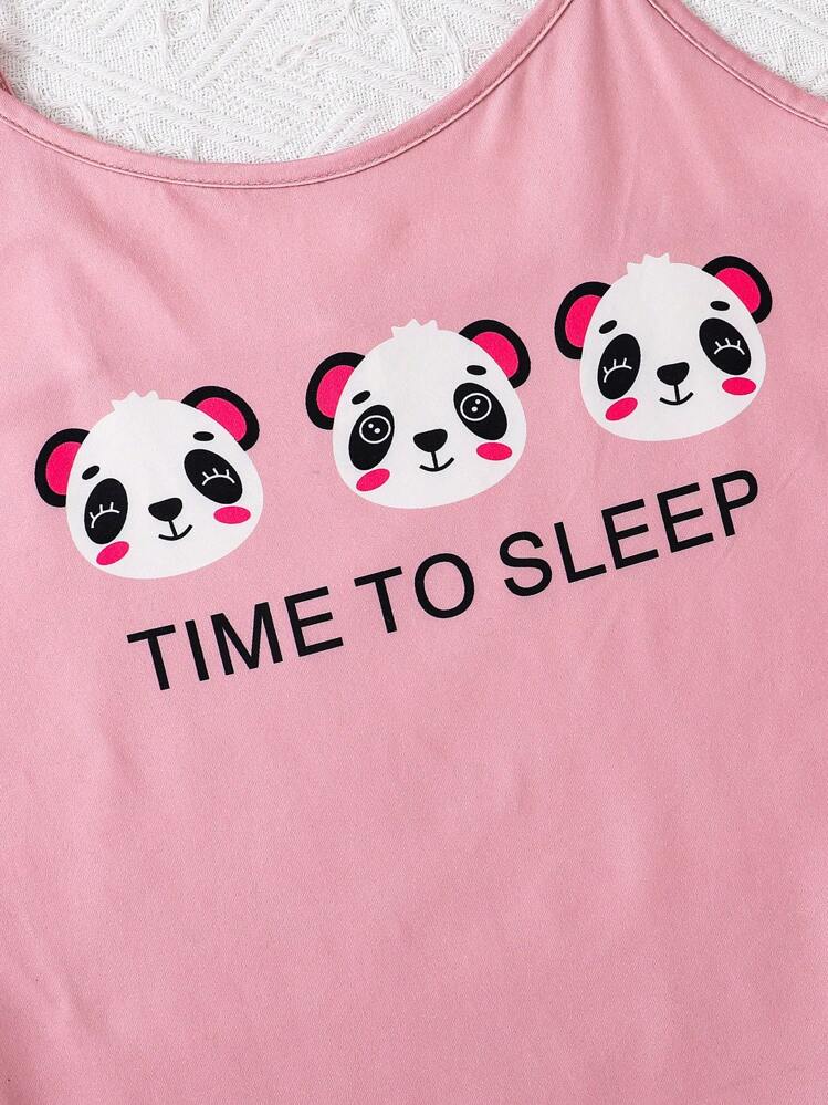 少女可愛熊貓和字母印花背心短褲家居套裝，夏季2件套 - 粉色 - 查看 6