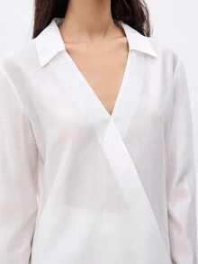 SHEIN Unity Women's Solid Color V-Neck Collar Shirt - White - View 5