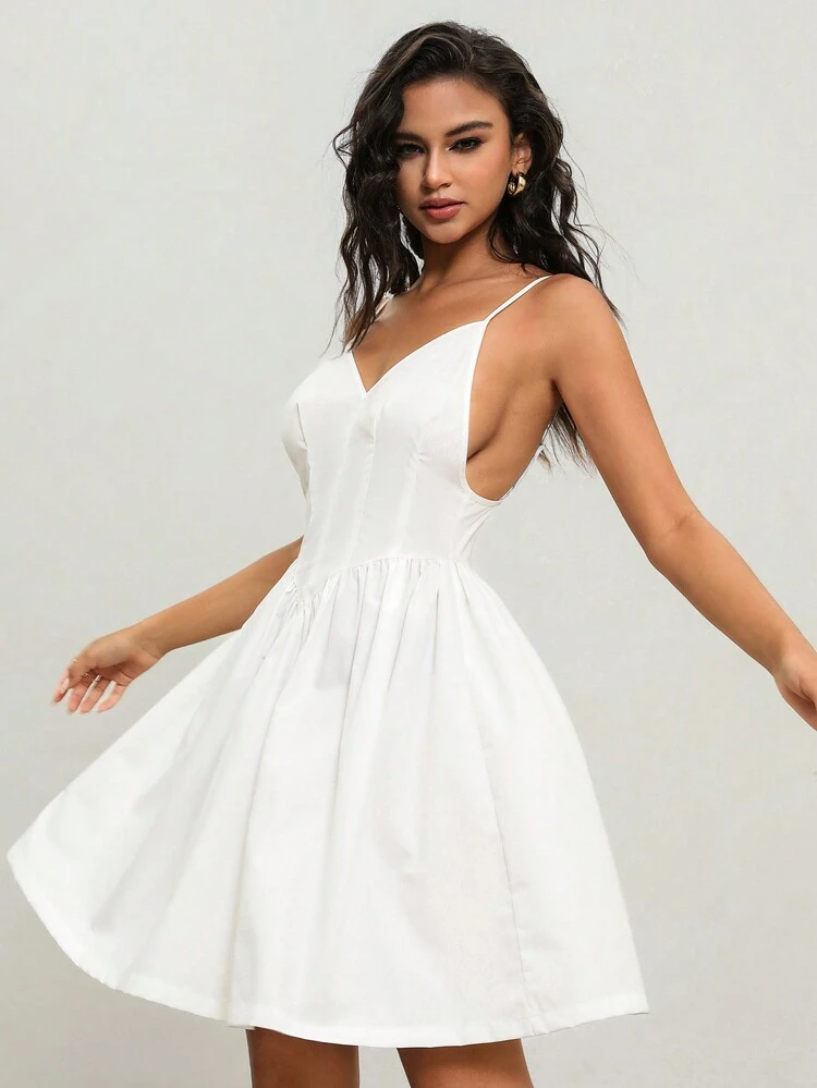 Casual Vacation Style Backless Cami Dress With Cinching Waist For Summer