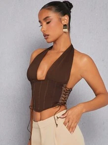 Hauture Lace Up Corset Halter Tie Crop Top - Brown - View 4