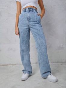 SHE(IN) BRASIL 高腰直筒牛仔褲 - 淺色水洗藍 - 查看 1