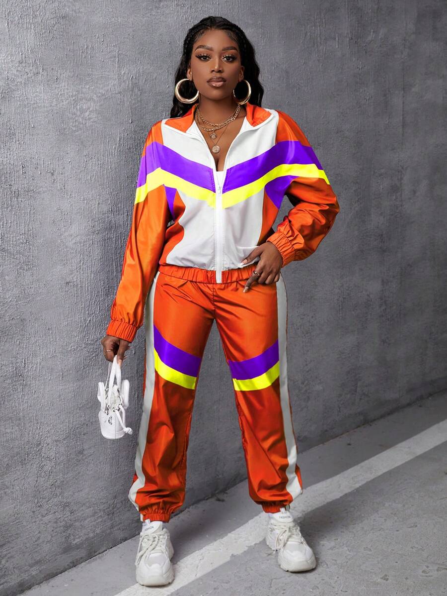 Slaydiva Women's Color-Blocked Jacket And Long Pants Athletic Tracksuit, Suitable For Spring - Orange - View 1