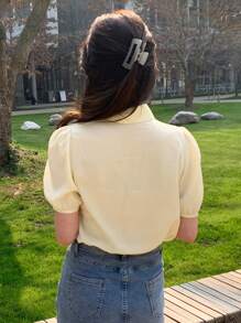 DAZY Women's Spring/Summer Floral Embroidery Bubble Sleeve Shirt - Apricot - View 2