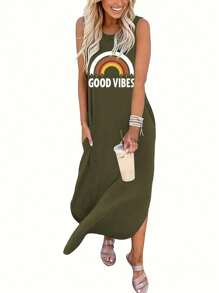 INAWLY 女士時尚彩虹條紋無袖連衣裙 - 綠色 - 查看 3