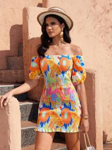 GENKIRA Ladies' Holiday Style Off Shoulder Printed Dress With Random Pattern - Multicolor - View 3