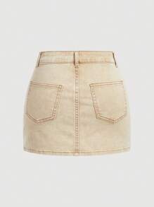 SHEIN MOD Của phụ nữ Nút-Mặt trước Váy Denim , Thích hợp Cho mùa hè - Màu Khaki - Xem 2