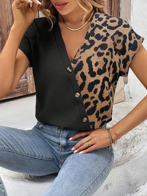 EMERY ROSE Women's Leopard Print V-Neck Button Down Summer Shirt,Short Sleeve Tops