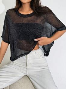 SHEIN EZwear 薄紗網實心蝙蝠袖短款t恤 - 黑色 - 查看 3