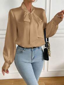 Chiquease 女士春季休閒打結領長袖衫 - 卡其色 - 查看 4
