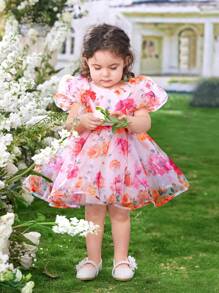 SHEIN Baby Girl Vacation Princess Sleeves Flower & Organza Printed Fluffy Dress - White - View 7