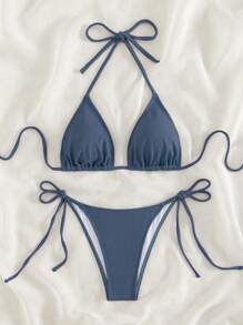 SHEIN Swim Bộ bikini hai mảnh đi biển mùa hè màu trơn - Màu xanh bụi bặm - Xem 4