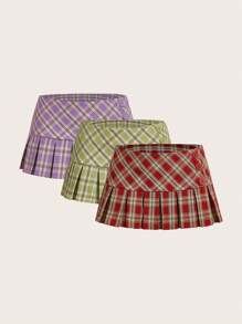 SHEIN ICON 格紋百褶迷你裙 - 彩色 - 查看 11