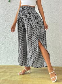 SHEIN Maternity Loose High Waist Wide Leg Pants With All-Over Print For Summer - Navy Blue - View 5