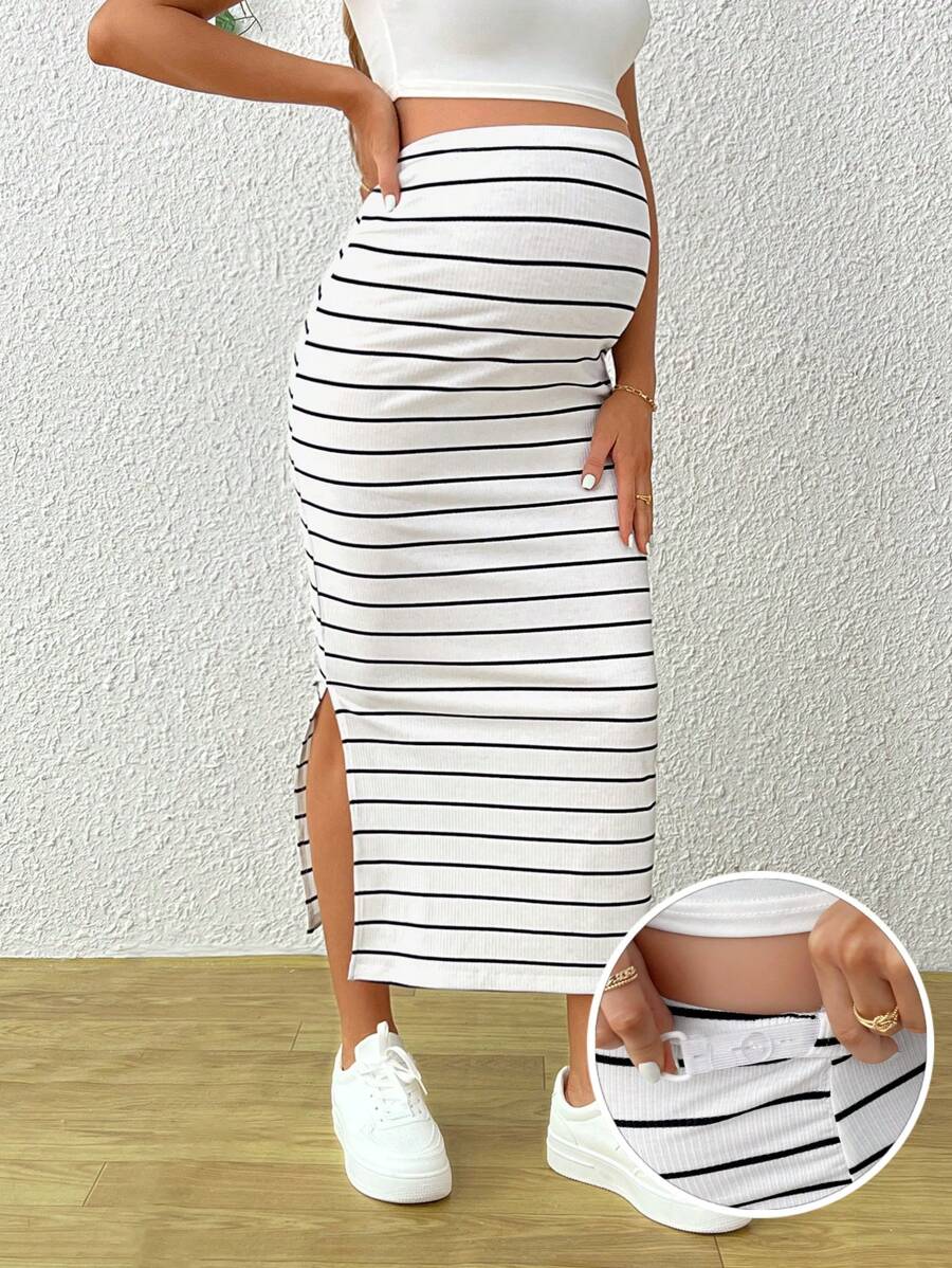 SHEIN Maternity Casual Striped High Waist Side Slit Skirt