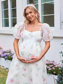 SHEIN 孕妇浪漫花园甜心领泡泡袖中长连衣裙 - 白色 - 查看 3