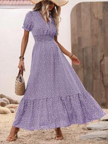 Breezaya Ladies' Elegant Purple Printed V-Neck Dress Maxi Vacation Beach Outfits Women - Purple - View 4