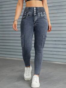 Pantalon Vintage Skinny Stretch pour femmes avec taille haute et multi-poches pour vêtements de travail - Gris - Voir 3