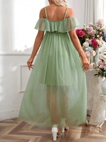 SHEIN Maternity Elegant Romantic Double Layered Ruffle Sleeve Dress, Suitable For Gender Reveal Party - Olive Green - View 2