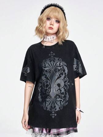 Grunge Punk Sommer-frauen-blumendruck-rundhalsausschnitt Kurze Ärmel Lässiges T-shirt