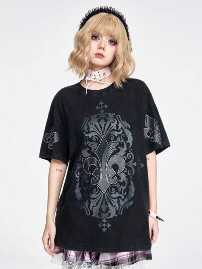 Grunge Punk Camiseta Casual De Verano De Mujer Con Cuello Redondo, Manga Corta Y Diseño De Flores Impresos